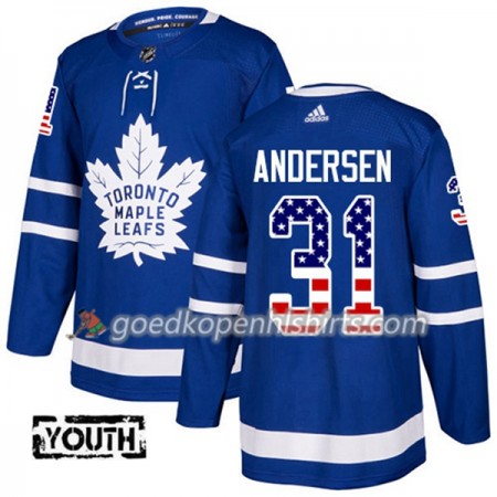 Toronto Maple Leafs Frederik Andersen 31 Adidas 2017-2018 Blauw USA Flag Fashion Authentic Shirt - Kinderen